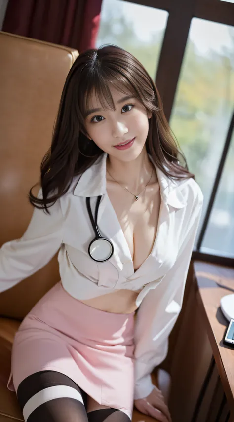 top-quality、Top image quality、​masterpiece、fully body photo、25 years old women, 、Dark brown wavy middle hair、bangss、((White Coat of Doctor、Long sleeve white shirt with collar、Black Pencil Skirt、Stockings、With a stethoscope、Kamimei))、 ((no-bra、Puffy nipple、...