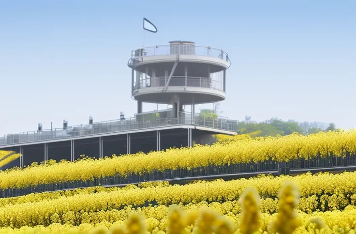 A high resolution，Steel structure observation deck building，Canola flower field