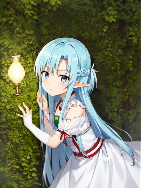 An ultra-high picture quality、(​masterpiece)、[[3D images:1.25]]、(top-quality:1.2), Solo, Singhati, Serious,, illustratio、white and blue clothes、full-body view,best pictures、Close-up of the child version of Yuuki Asuna、(((Asuna is an elf with light blue hai...