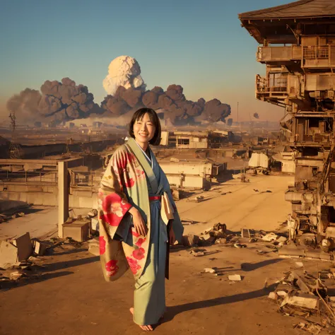 A beautiful Japanese woman, (torn kimono) standing on a bridge, she is wearing a silk green kimono she is laughing, the sky is blue, a city in the distance on fire, (atomic Bomb Explosion in the sky) (portrait view) "Big explosion" she has blood on her fac...