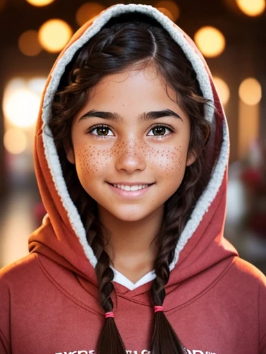 1girl. Tan skin, freckles on nose, freckles on cheeks, dark brown hair, wavy hair, hair braid, pregnant, hoodie, Christmas