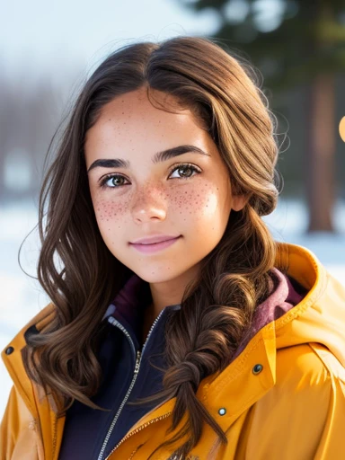 1girl. Tan skin, freckles on nose, freckles on cheeks, dark brown hair, wavy hair, hair braid, pregnant, light jacket, snow