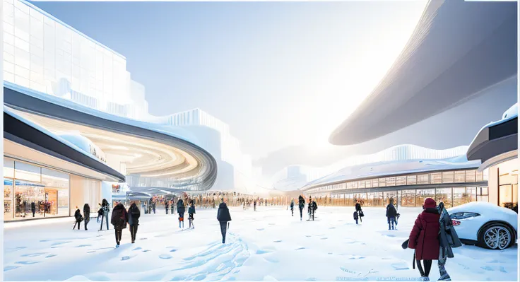 People walking in the snow in shopping mall, Ice City 2 0 8 0, Inspired by Cha Shibiao, Cha Shibiao, Beautiful futuristic city, the birth, city of the future in russia, archviz, Russian city of the future, Bjarke Ingels, in other words，The city of the futu...