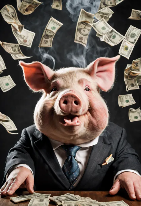 cinematic photo  (a close up view of an  anthropomorphic obese pig dressed with a executive suit :1.2), pork  in a church, banker hat custom,( smoking cigarretes:1.6), laughing out loud, drinking alcohol, flying notes, (obese pig head face banker dressed i...