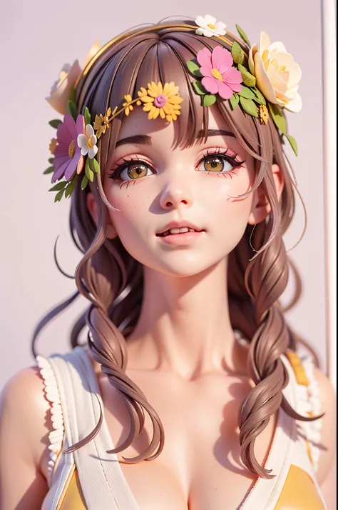 there is a woman with a flower crown on her head, ((young peoole)),chibi,blindbox, plastican00d,(best quality, 4k, 8k, highres, masterpiece:1.2), ultra-detailed, playful, cartoon, cute, 3d rendering,