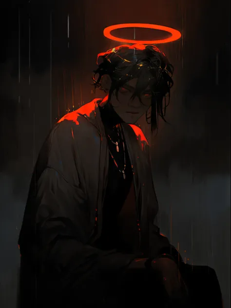 there is a man sitting in the rain with a halo on his head, handsome guy in demon slayer art, artwork in the style of guweiz, dark cyberpunk illustration, dark concept art, with red glowing eyes, demon slayer artstyle, demon slayer rui fanart, dark illustr...