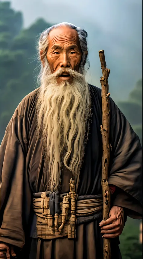 Arafud man with long beard and a long stick, Smart old man, inspired by Wu Daozi, Inspired by Hu Zaobin, one old man, Inspired by Cao Zhibai, a old man, author：Cheng Zhengkui, author：Hu Zaobin, author：Zhang Lu, author：Cao Zhibai, author：Zhang Xuan