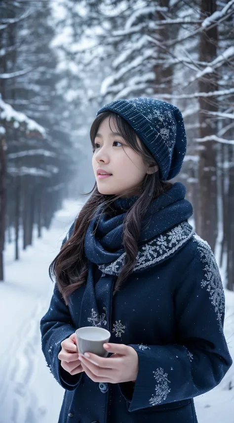 Use artificial intelligence to create high-quality images, Featuring advanced levels of detail and cinematic style. Imagine being in a snowy night scene，An elegant Asian woman walks slowly through the snow。She wore a gorgeous dark blue gown，Long hair drape...