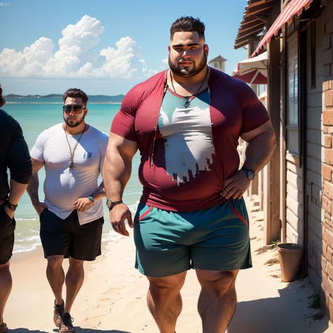 a character with a large build, fuerte y gordito, vestido de shorts y camisa de playa sentado,lo estoy pensando usar para una historia Bara