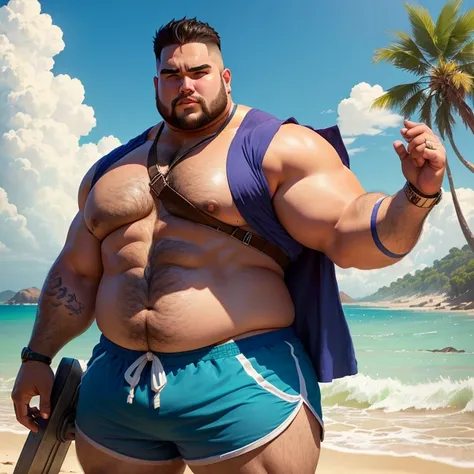 a character with a large build, fuerte y gordito, vestido de shorts y camisa de playa sentado,lo estoy pensando usar para una historia Bara