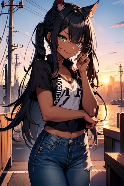 nsfw、masterpiece、best quality、super detailed dark skin、1catgirl、jadegreen eyes、dark skin、cat ears、horse tail、hair/(braided side pigtails)、flipped hair、midnight black hair、cleavage、top/(small top)、pants/(small tight torn denim hotpants)、unbuttoned pants sho...