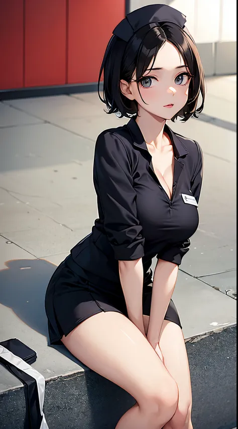 black short hair　cleavage of the breast　small breasts　(((id photo)))　(((miniskirt nurses)))　concrete background