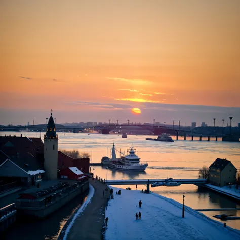 Sunset on the harbor，There are boats and a bridge in the distance, cold sunset, City of Rostov, Shot with iPhone 1 3 Pro Max, at sunrise, Shot with iPhone 1 3 Pro, Primetime shooting, On the frozen Danube, early morning sunrise, 8K)), morning sunrise, at s...