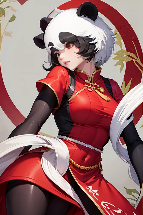 A panda，Chinese lady wearing red Hanfu，Elaborate Eyes