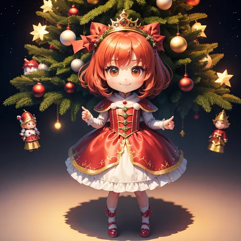 ​masterpiece、top-quality、ultra-detailliert、(chibi character princess:1.2)、Christmas tree、drop light、christmas gifts、poinsettia、a smile、Standing