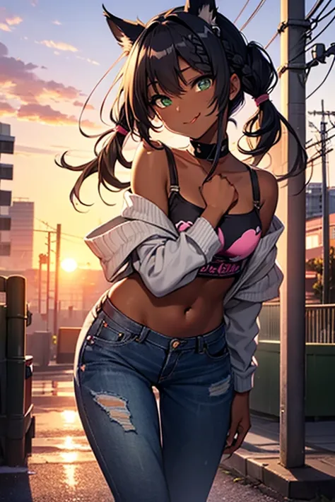 nsfw、masterpiece、best quality、super detailed dark skin、1catgirl、40 years old、jadegreen eyes、dark skin、cat ears、horse tail、hair/(braided side pigtails)、flipped hair、midnight black hair、cleavage、top/(small top)、pants/(small tight torn denim hotpants)、unbutto...