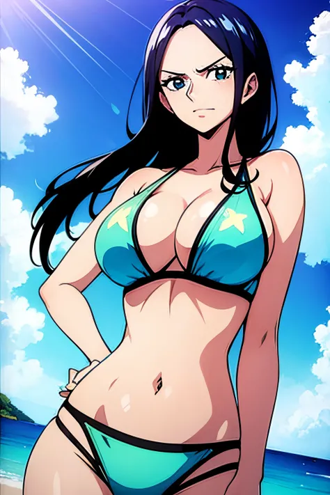 Nico Robin de One Piece luce un ajustado bikini verde, Dynamic posture, cara feliz, en un yate, sexy,,piel blanca brillante, exciting situation, ojos azules, ojos de alta calidad, labios rojos hinchados, Labios de alta calidad, grande, tetas grandes, Show ...