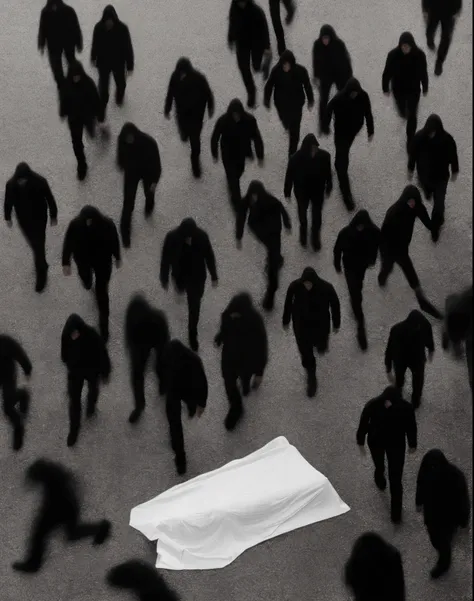 A group of people wearing white sheets walking among the crowd, walking dark figure, Corpses on the ground, faceless people dark, scary shadow people, dead bodies in the background, Attend a funeral procession, hooded figure, Masked figure in the distance,...