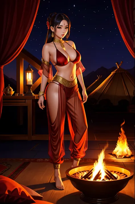 Asian girl, big boobs, nice lips, harem pants, see through, lit by firelight, desert camp