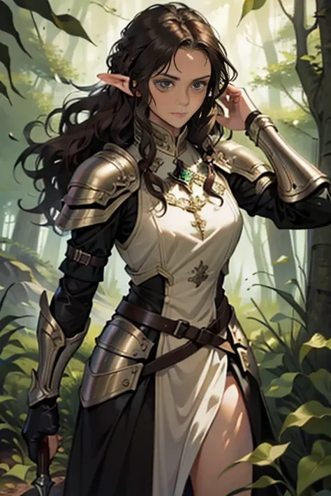 1girl, elf, curly hair, brunette, long hair, brown eyes with green, thin, big chest, closed mouth, light leather armor, (black armor), closed clothes, bow in hand, attack, middle ages, forest, fantasy, tension, darker