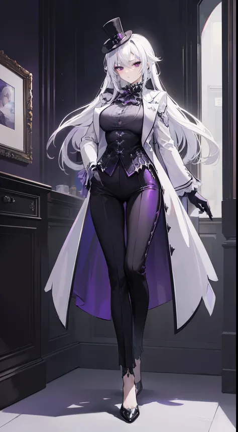 (masterpiece, best quality:1.2), illustration, 8k, hd, 1girl, solo, (((white hair, purple eyes,))) black coat, large breasts, bl...