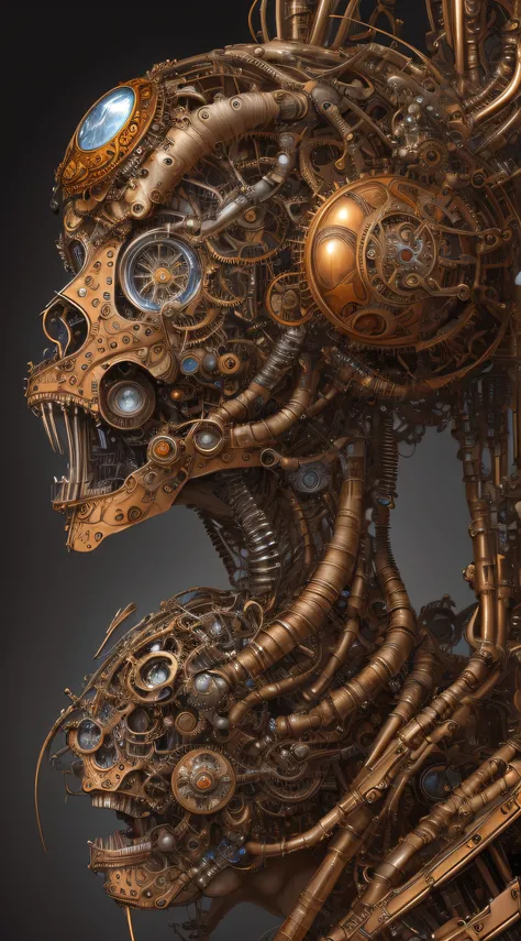 Artwork in the style of Vladimir Kush, Highly detailed and intricate depictions of mechanical or cybernetic faces by WLOP and James Jean, May be inspired by steampunk and futuristic themes. the face, emerges, African specialties, Metal and machine parts, s...