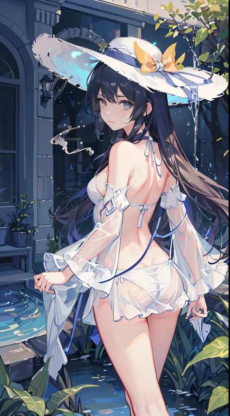 1girll，a straw fedora hat，White swimwear，The bikini，Bare belly，Long messy hair，short transparent dress，see-through sleeves，a lot of smoke，Exquisite，Elegant colors，high detal，tmasterpiece，ultra - detailed，dynamic angle，Mural background，water ink，astounding，...