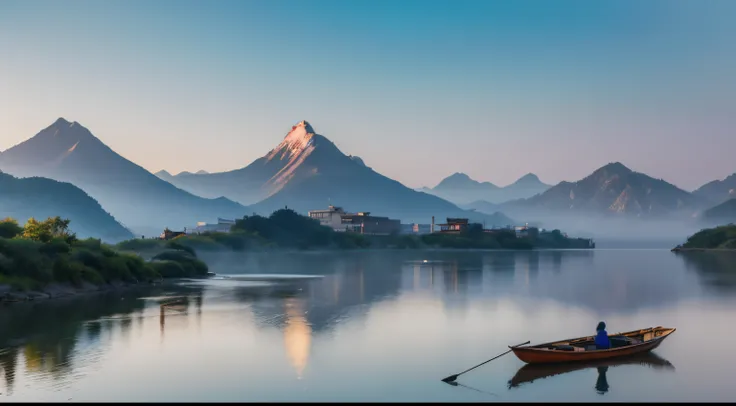 Chinese outdoor landscape painting，Ink painting and watercolor，old people fishing，water ink，ink，Faraway view，Ultra-wide viewing angle，meticuloso，distant ship，Faraway view，meticuloso，foggy part，mistic，low-saturation，low-contrast，The light boat has crossed t...