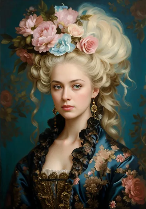 a painting of a woman with a flower crown on her head, wearing red dress, rococo style portrait, rococo portrait, baroque hair, baroque digital painting, natalie shau tom bagshaw, rococo queen, inspired by Jean-Marc Nattier, neo-rococo expressionist style,...