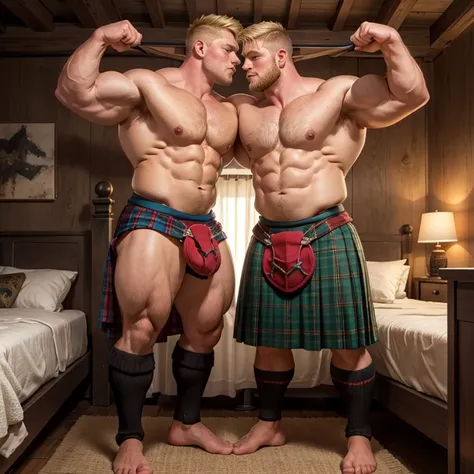 Full body picture, bedroom, two very strong bulky teen Scottish warrior, wearing a small tunic, wearing a small short kilt, blond hair with short taper haircut, gentle eyes, very big strong beefy legs, flexing muscles, and kissing eachother