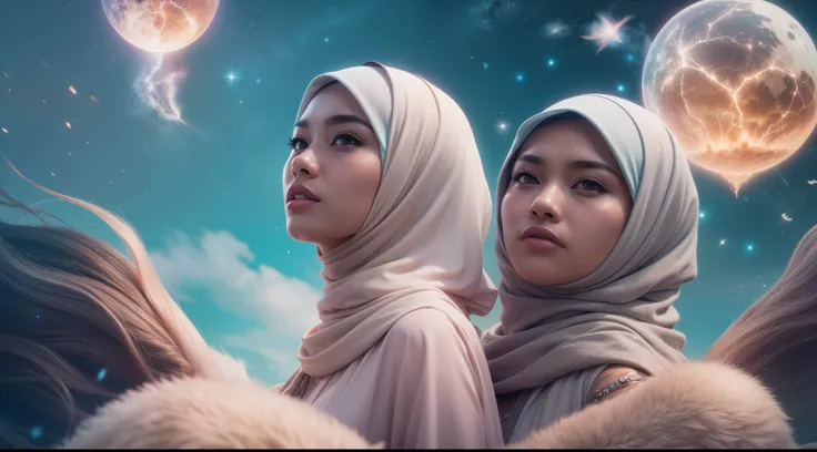 Compose an image where two Malay girls in hijab ride mythical creatures through a vibrant, otherworldly sky filled with floating islands and magical constellations, 28mm lense, Low angle shot, pastel color grading, depth of field cinematography effect, epi...