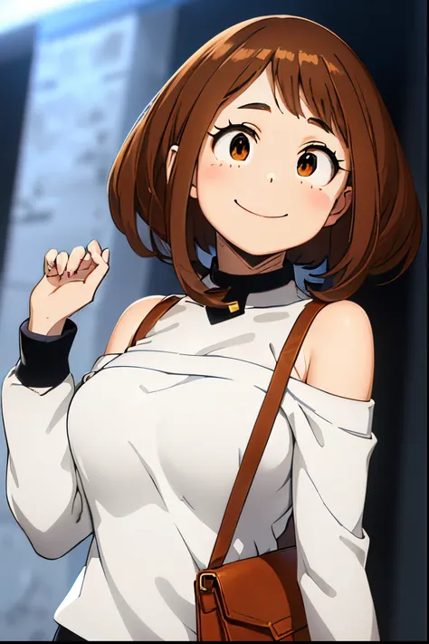 masuter piece, Best Quality, 超A high resolution, Anime style, The best lighting, Beautiful face, ​masterpiece、top-quality、ultra-detailliert、细致背景、1girl in、独奏、A smile、Ochako Uraraka、looking at the viewers、large full breasts, off-shoulder knit, white  clothes...