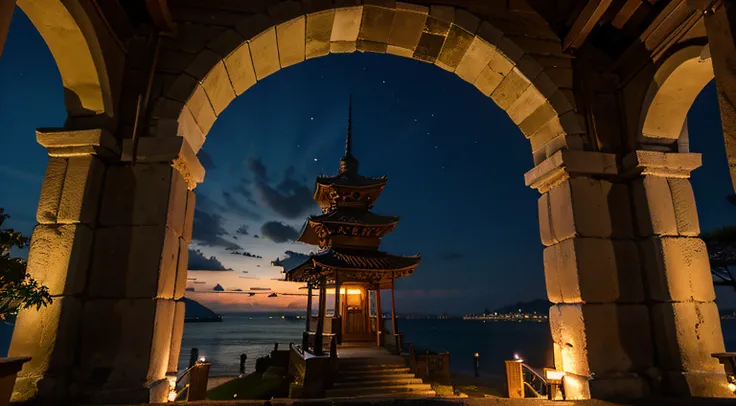 Nice night view，An ancient tower by the sea