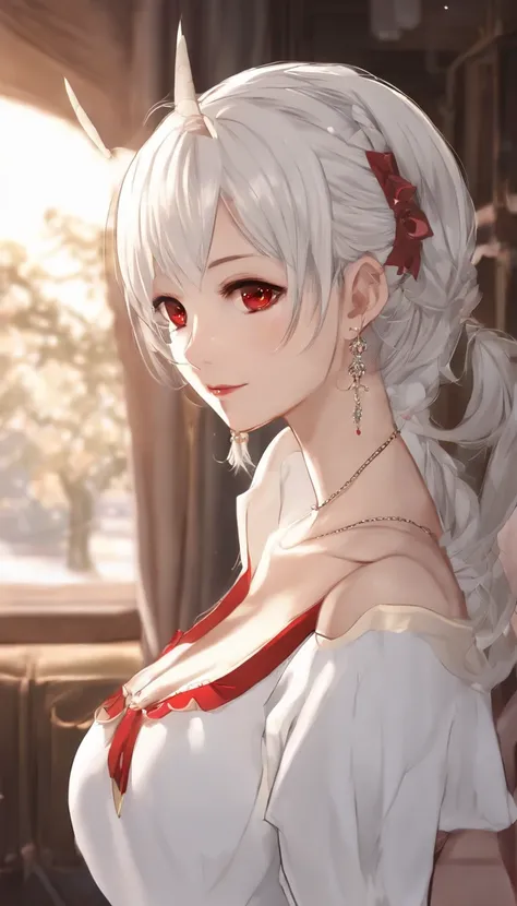 Best quality at best, ultra - detailed, (詳細な目), (详细的脸), 1个Giant Breast Girl, Careful and careful，illustratio, White hair, red eyes, higher detailed, (glowing light eyes), flat grill,  The light from the back window is backlighted, (septum:1.4), rayos－Dulut...