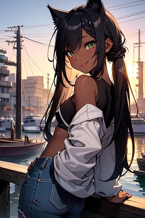 nsfw、masterpiece、best quality、super detailed dark skin、1catgirl、mature catgirl、jadegreen eyes、dark skin、cat ears、horse tail、hair/(braided side pigtails)、flipped hair、midnight black hair、cleavage、top/(small top)、pants/(small tight torn denim hotpants)、backg...