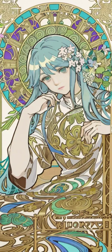 a painting of a woman sitting on a chair with flowers, anime art nouveau, alphonse mucha and rossdraws, alphonse mucha style, korean art nouveau anime, flat shading mucha, in style of alphonse mucha, demura and alphonse mucha, anime art nouveau cosmic disp...