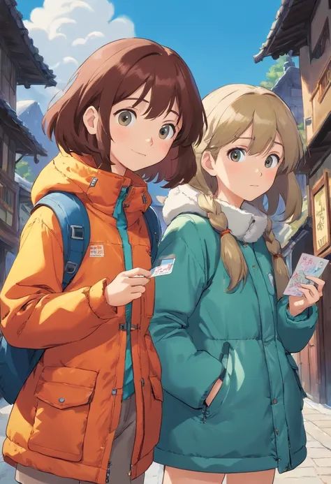 A girl is wearing a down jacket with her hands in her pockets. Another girl is wearing a down jacket and is holding a card all over her body.