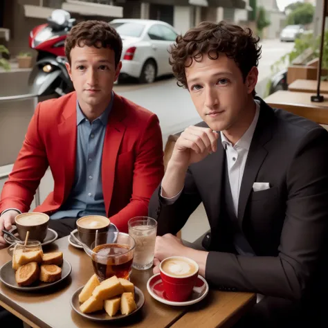 Men, Mark Zuckerberg, Curly short hair, wearing tuxedo, glare wxpression, little smile, looking at viewer