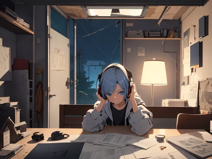 (zero), Girl studying at the table in her room, Read the book, Using a headset, 1987 interior materials, NIGHT LIGHT, Its raining outside,Analog color theme, Lo-Fi Hip Hop , Retro, blueprint, 2D , Simple drawing, Simplifying Line Art, ink drawing, Large in...