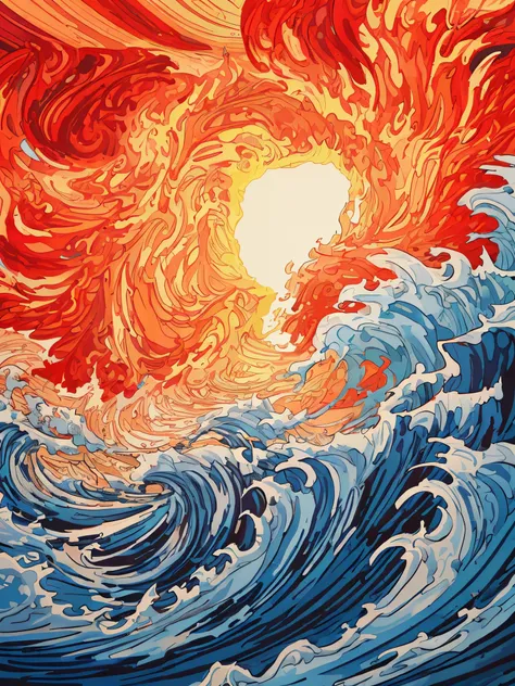 lino cut of a painting of flames, spiral swirl pattern style, Colorful Möbius, style of fantasy otherworldly hallucination, churning glaciers, waves, realistic blue sky, spirals, Himalayan art, Arctic Ocean art, joyful celebration of nature,colorful, textu...