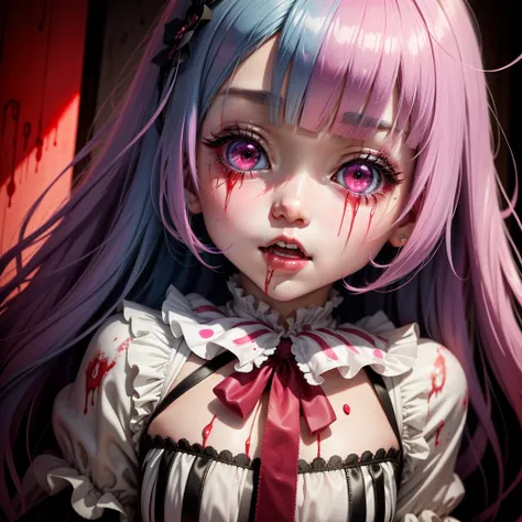 Bloody, Yandere, colourfull、Sprinkle pastel color paint、Dripping、Gothic lolita、Cute Girls in Anime、long eyeslashes、Lower lashes、short bangs、奈良美智、anime illustrated  , crazy face expression, covered in blood