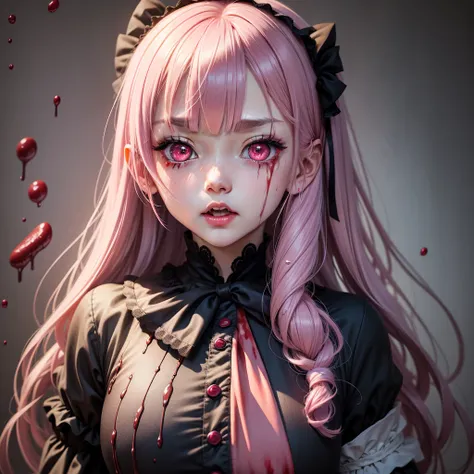 Bloody, Yandere, colourfull、Sprinkle pastel color paint、Dripping、Gothic lolita、Cute Girls in Anime、long eyeslashes、Lower lashes、short bangs、奈良美智、anime illustrated  , crazy face expression, covered in blood