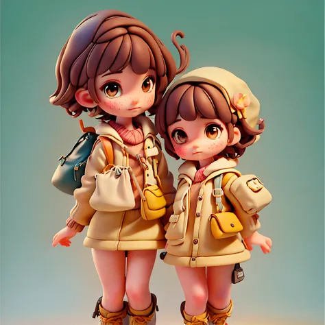 3dcharacter, 2  girl, Gamine, sisterhood, freckle, Hazelnut eyes, damage, (full bodyesbian: 1.2), simple background, ​masterpiece, top-quality, (gradient background) brown brown hair. glad, short-haired, brown, rucksack, Walking hand in hand,