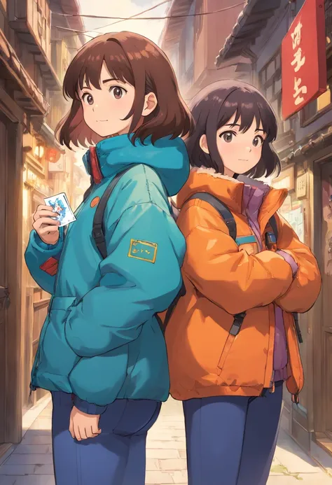 A girl is wearing a down jacket with her hands in her pockets. Another girl is wearing a down jacket and is holding a card all over her body.