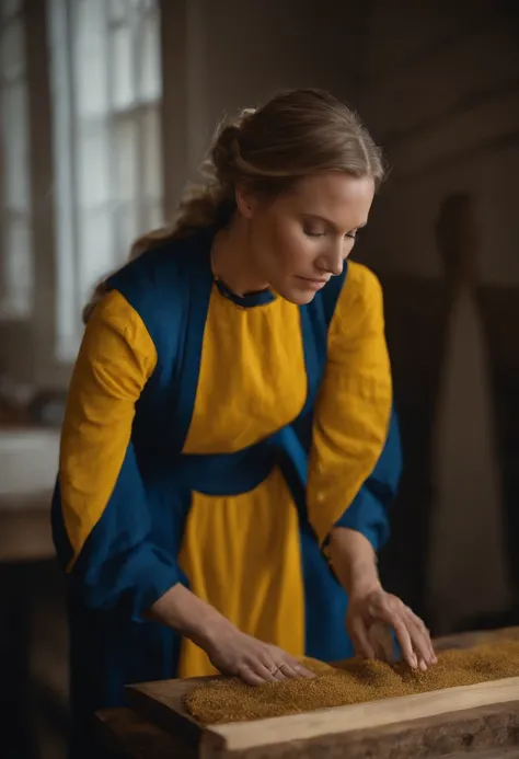 An image of the character carefully sanding down a wooden plank, with sawdust filling the air.,original,Very swedish! Blue and yellow. Absolutely Scandinavian. Very hot. Very beautiful. , female