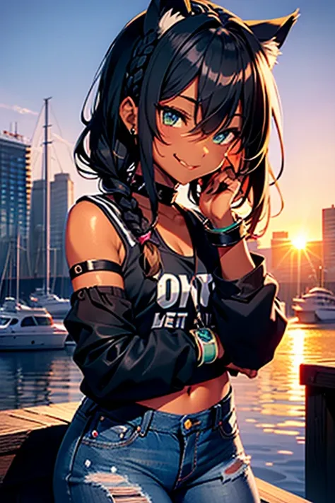 nsfw、masterpiece、best quality、super detailed dark skin、1catgirl、(((adult face)))、jadegreen eyes、dark skin、cat ears、horse tail、hair/(braided side pigtails)、flipped hair、midnight black hair、cleavage、arms free、shoulders free、neck free、wrists/(bracelets:1.3)、u...