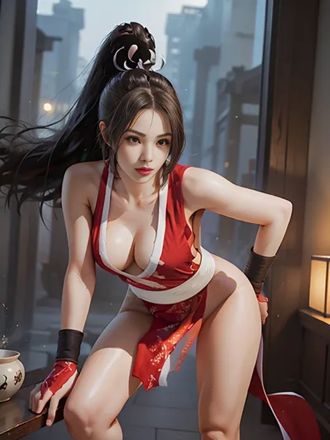 mai shiranui, (Full body portrait:1.4), Full body, (tabi:1.4), (Realism), (masutepiece:1.2), (Best Quality), (ultra-detailliert), (8K, 4K, Convoluted), (skinny), Prestige, Brown eyes, Long hair, Brown hair, White ribbon, Sleeveless, poneyTail, sash, pelvis...