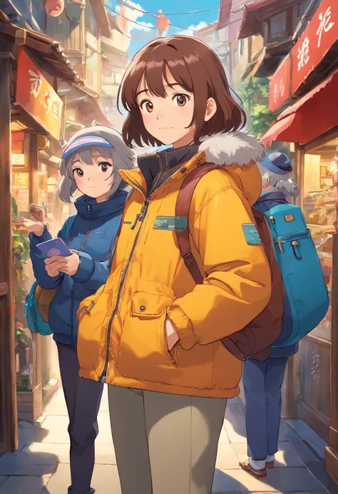 A girl is wearing a down jacket with her hands in her pockets. Another girl is wearing a down jacket and is holding a card all over her body.