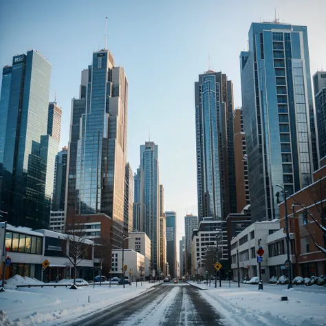 High-rise buildings on city road in winter