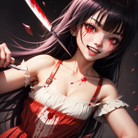 Bloody, Yandere, 、school girl、long eyeslashes、Lower lashes、short bangs、shoulder legnth hair, anime illustrated  , crazy smile expression, covered in blood,holding knife